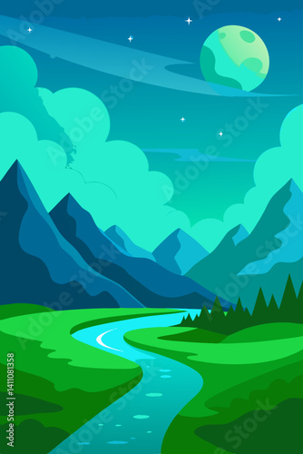 Vibrant colorful waterfall scene vector illustration background for print and digital use
