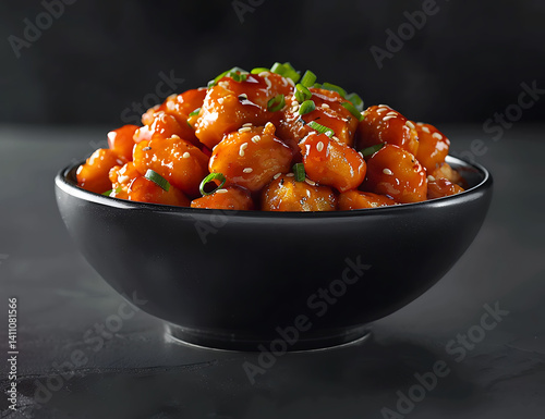 Chinese sweet and sour chicken with pineapple, on black bowl on table background, closeup view. High resolution photography, insanely detailed, fine 