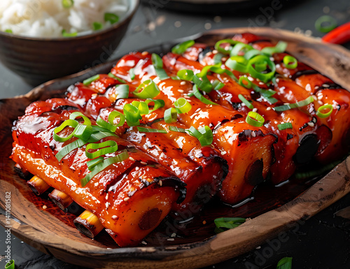 Chinese-style meat ribs, perfectly grilled and wrapped in a red sauce with green onion slices on top. The dish is placed on an elegant wooden plate that reflects the