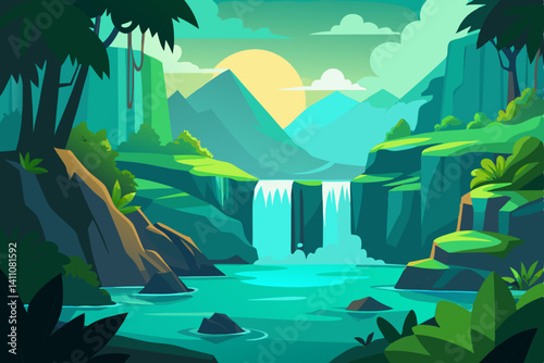 Vibrant colorful waterfall scene vector illustration background for print and digital use