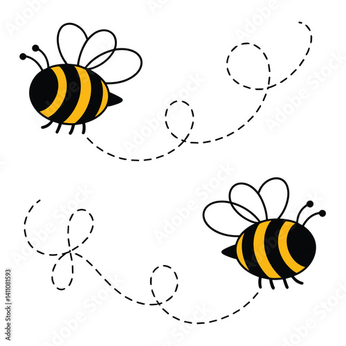 Cartoon bees flying with dotted trails