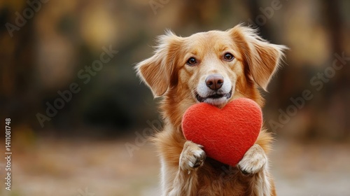 Golden retriever holding heart in autumn park scene photo