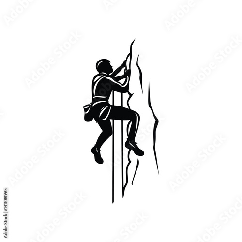 Monochrome Rock Climber with Safety Harness Silhouette on Transparent Background