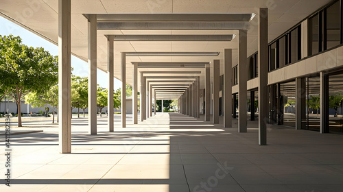 Sunlight-Drenched Concrete Corridor With Trees