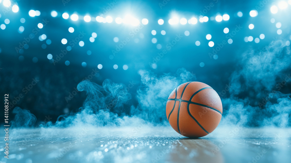 Close up of basketball on court with dramatic lighting and smoke, creating intense atmosphere for sports enthusiasts Close up of basketball on court with dramatic lighting and smoke, creating intense atmosphere for sports enthusiasts