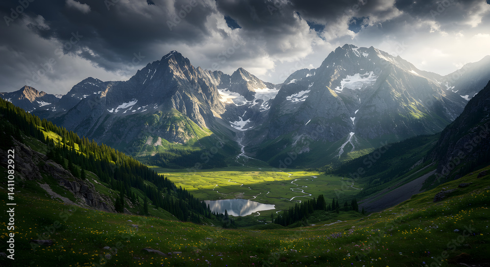 Scenic Mountain Valley with Meadow and Lake Under Cloudy Sky Scenic Mountain Valley with Meadow and Lake Under Cloudy Sky