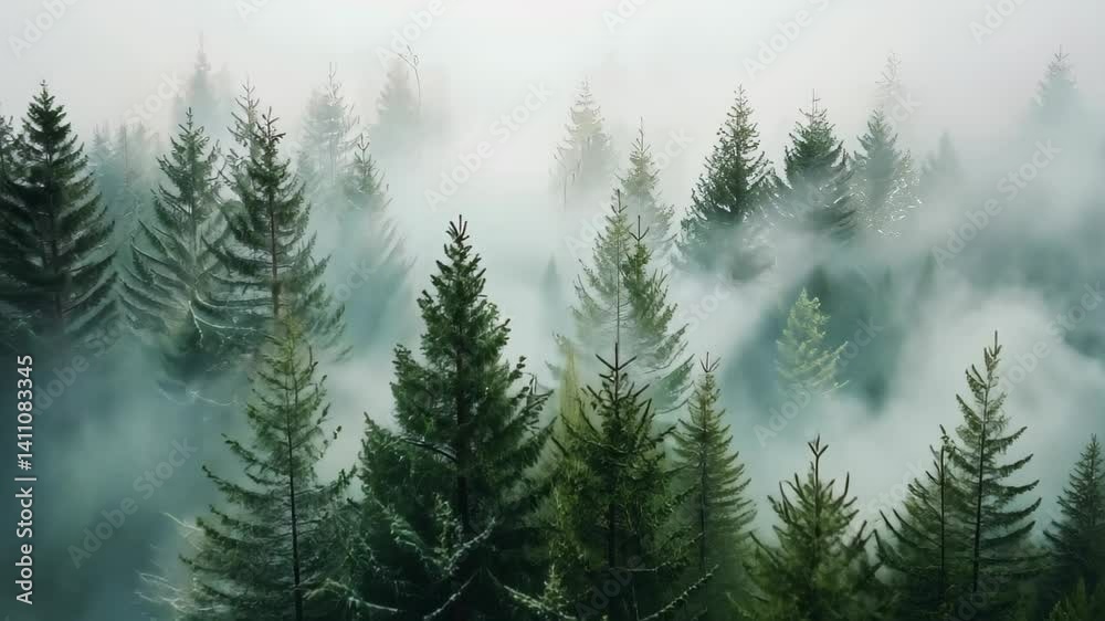 Mystic fog blankets a dark green pine tree forest, creating an eerie and enchanting atmosphere. Ai Generated.