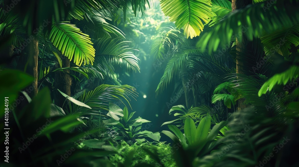 Fototapeta premium Lush tropical jungle canopy reveals dappled sunlight.