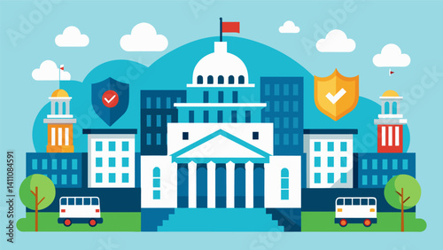 A government complex is created using data on security threats and emergency response times to design a secure and efficient layout for the safety of employees and visitors.. Vector illustration