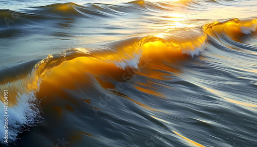 Sunlight paints a captivating wave crest with gold tones creating a stunning display of nature's power and beauty in a mesmerizing marine scene.
