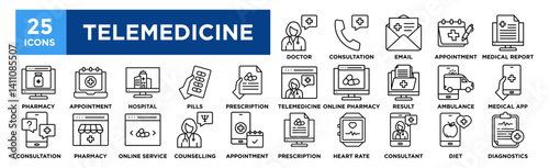 Telemedicine 2 icon collection set. Containing design Doctor, Consultation, Email, Medical Appointment, Medical Report