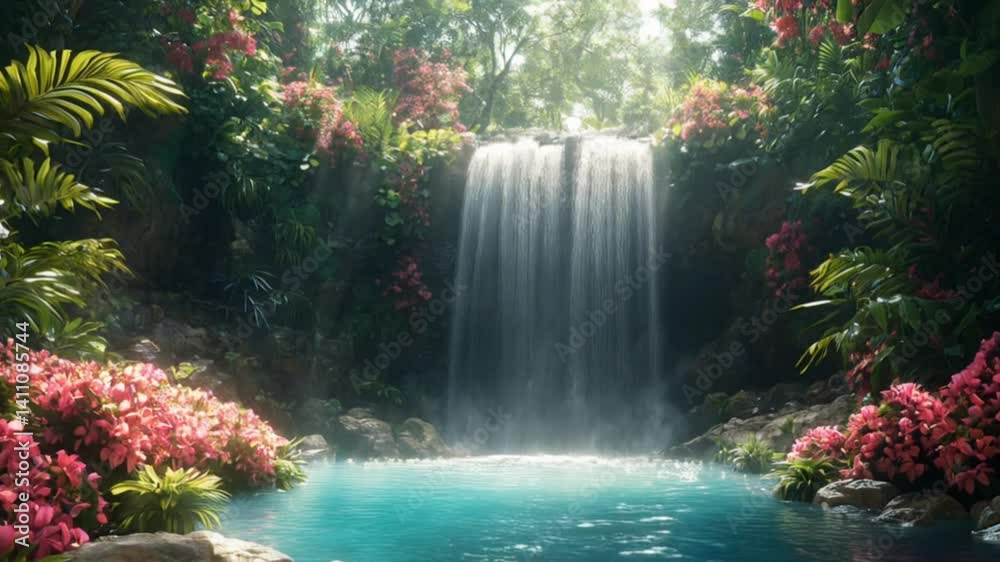 Tropical waterfall flowing into clear blue lagoon surrounded by lush jungle and colorful flowers, seamless looping 4k time-lapse animation video background. Nature concept
