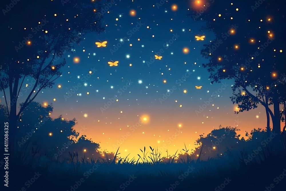 Fototapeta premium Enchanting Starry Night with Glowing Butterflies and Silhouetted Trees - A Serene and Magical Fantasy Landscape
