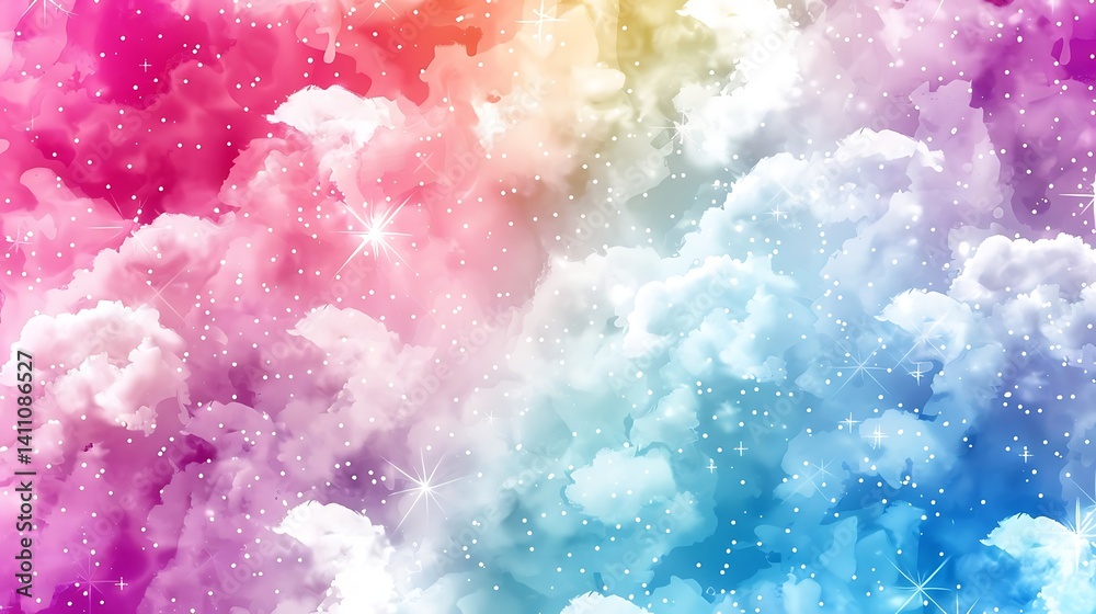 Colorful dreamy sky backdrop with fluffy clouds and sparkling stars effect Colorful dreamy sky backdrop with fluffy clouds and sparkling stars effect