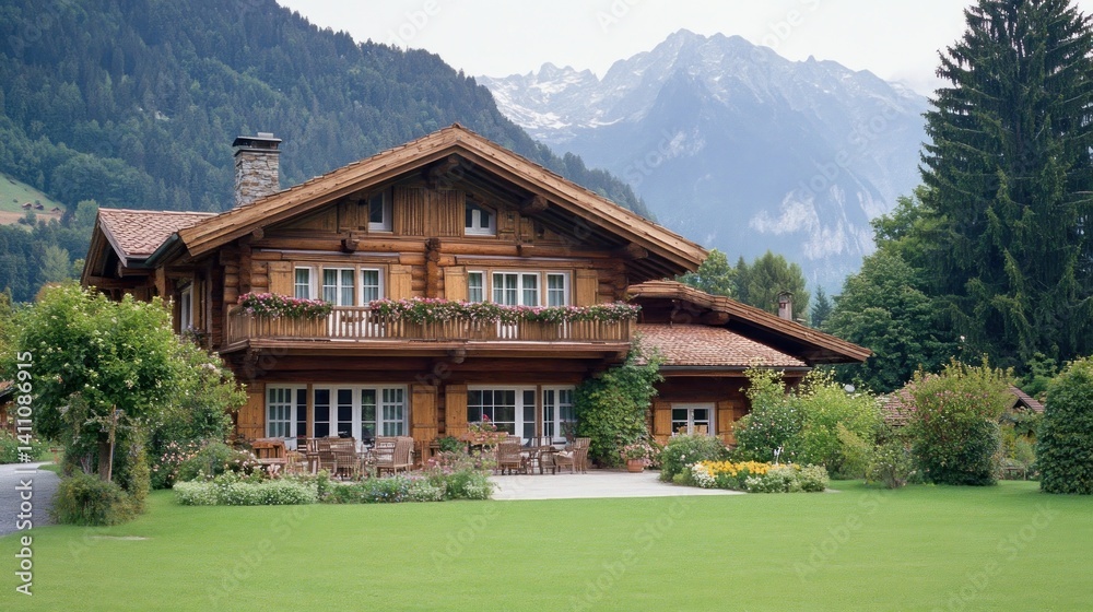 Beautiful wooden house with balcony and a mountain range in background Beautiful wooden house with balcony and a mountain range in background