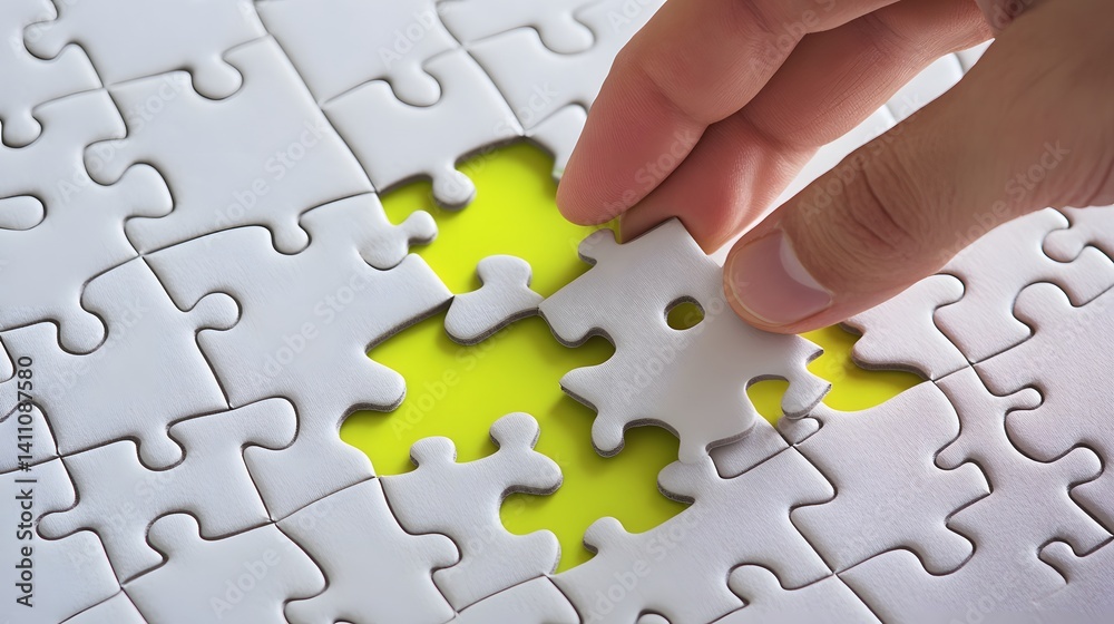 Fototapeta premium Hand Placing Last Jigsaw Puzzle Piece Completing Solution