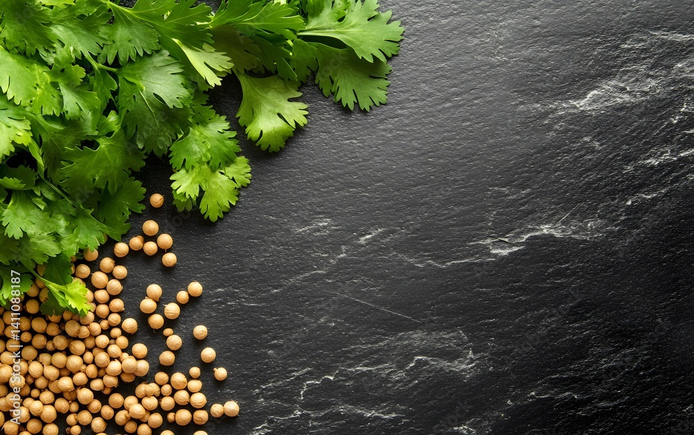 Fototapeta premium Fresh Cilantro and Coriander Seeds on Dark Stone Background
