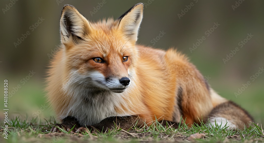 Obraz premium Red Fox Resting in Green Grass, Closeup Portrait