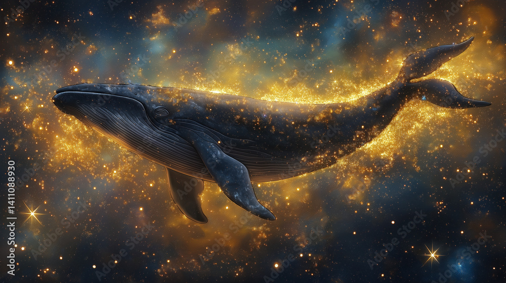 Fototapeta premium Celestial Whale: A majestic whale, seemingly composed of shimmering stardust and nebulae, gracefully glides through a cosmos of vibrant, golden light.