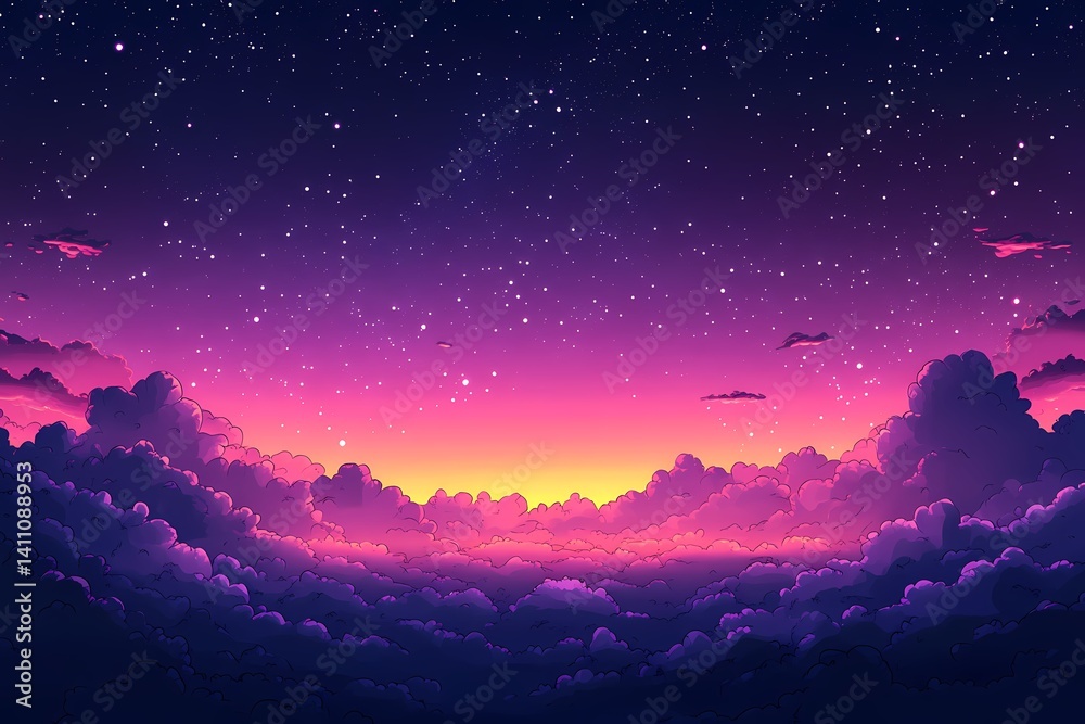 Naklejka premium Dreamy Sky Transformation. Stars and Clouds in a Twilight Sunset Digital Art