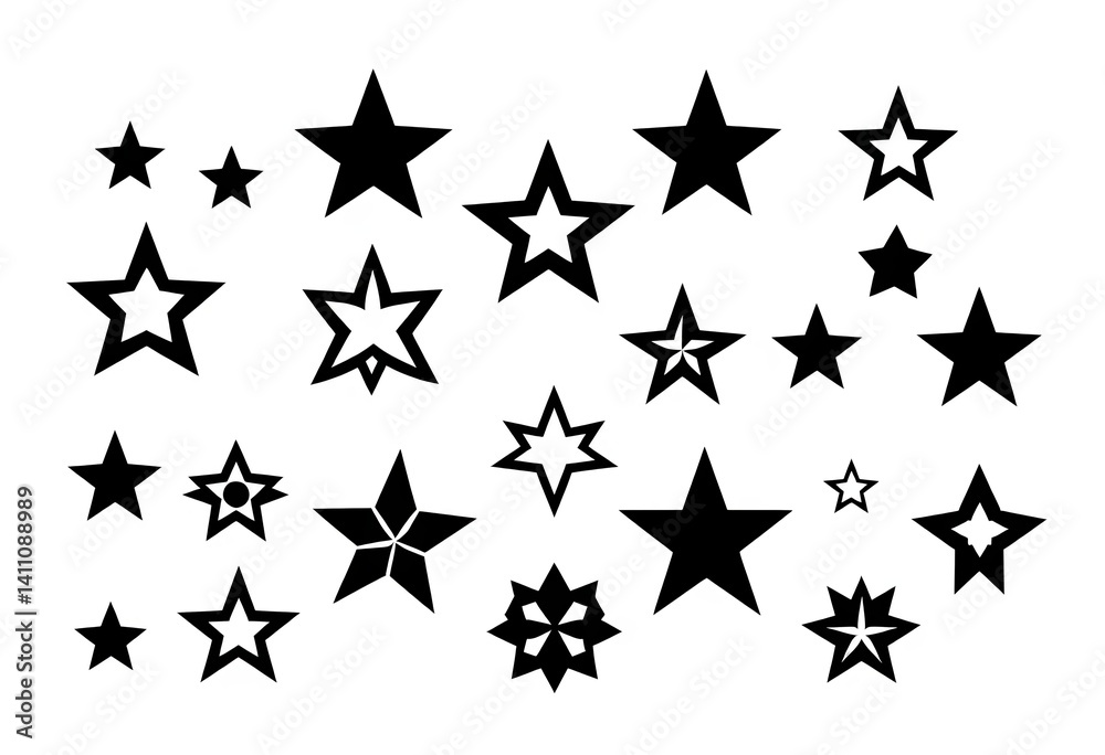 Abstract geometric black star icons; collection of various star shapes, vector silhouettes, element, black