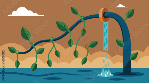 The drooping tendrils of a gvine extend towards a water source a stark portrayal of the increasing struggle to irrigate crops in areas experiencing prolonged drought.. Vector illustration