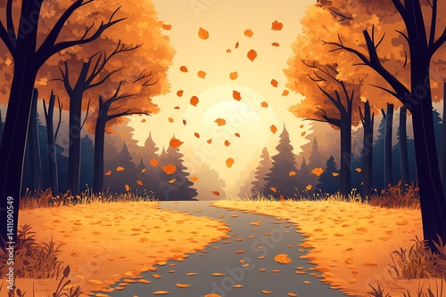 Vibrant Autumn Forest Path. Tranquil Woodland Outdoor Scenery with Golden Sunset photo