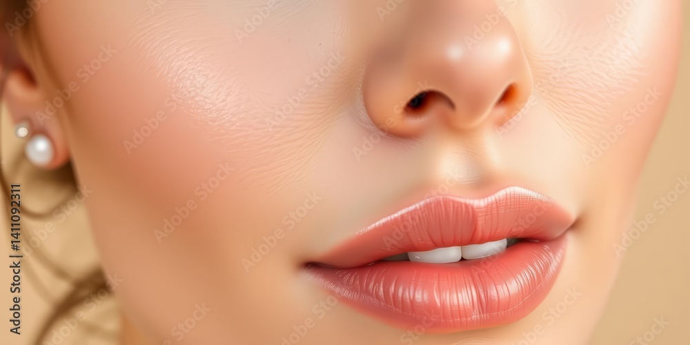 Obraz premium Close-up, flawless complexion, moisturizing cream application, beige background, cream texture, studio shot