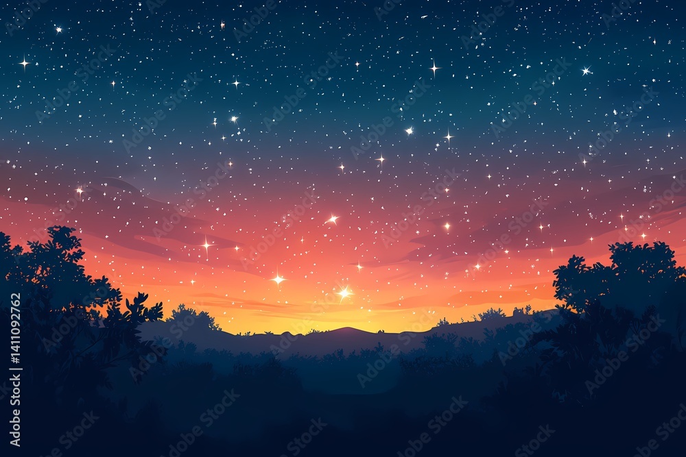 Naklejka premium Magical Night Sky. Vibrant Starry Landscape with a Tranquil Twilight Horizon