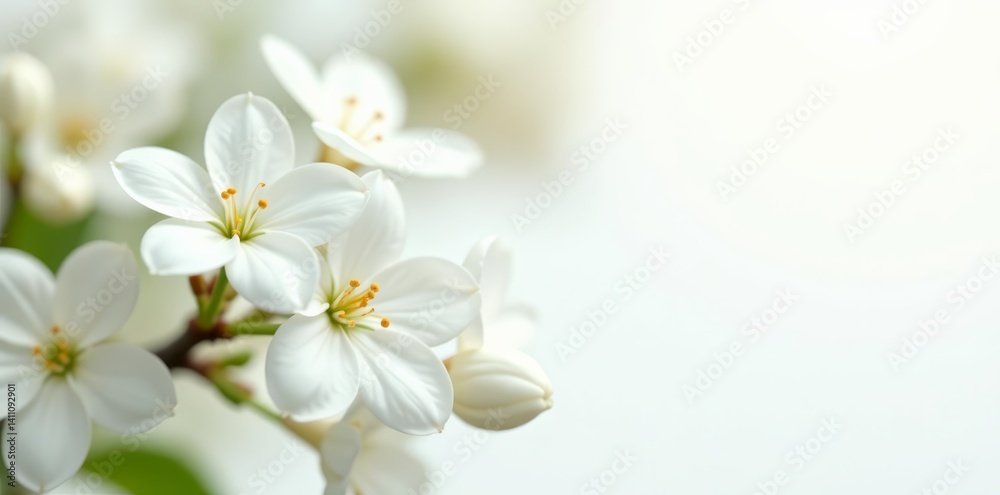 Fototapeta premium Closeup of delicate white jasmine flowers in full blossom on white background, flora, blooming