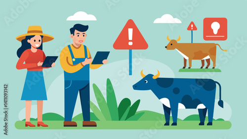 Farmers are notified of any unusual or abnormal behavior in their livestock via digital alerts allowing for immediate action to be taken.. Vector illustration