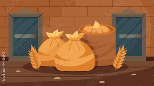 The empty sacks of grain once containing sustenance and nourishment now lay forgotten and abandoned in the warehouse.. Vector illustration