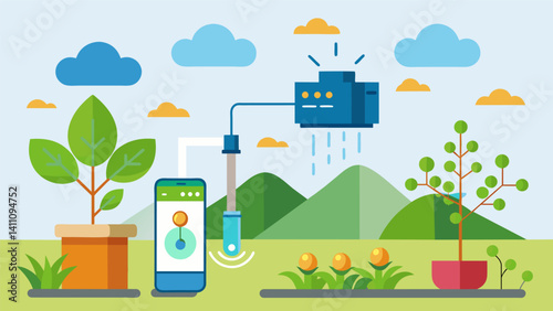 A smart irrigation system that analyzes soil moisture levels and weather data to determine the most efficient watering schedule for the homes garden.. Vector illustration