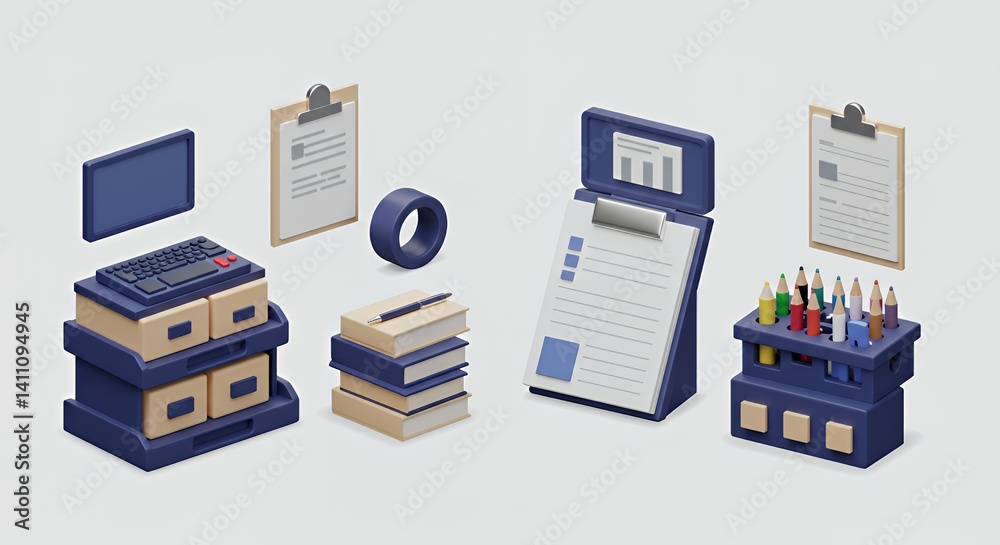 Low-Poly 3D Render of Office Supplies on White Background