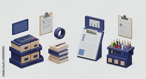 Obraz na płótnie Low-Poly 3D Render of Office Supplies on White Background w salonie