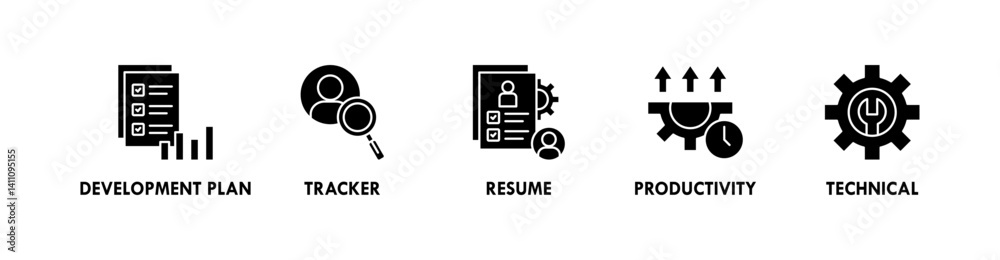 Skill Development banner web icon illustration concept with icon of development plan, tracker, resume, productivity, and technical Skill Development banner web icon illustration concept with icon of development plan, tracker, resume, productivity, and technical
