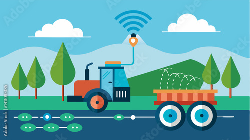 Smart irrigation system integrated with selfdriving tractors working together to optimize water usage and reduce wastage resulting in a more sustainable and efficient farming. Vector illustration