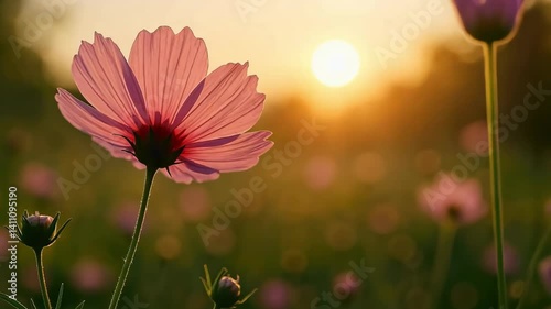 A beautiful closeup of pink cosmos and poppy flowers blooming in a summer garden