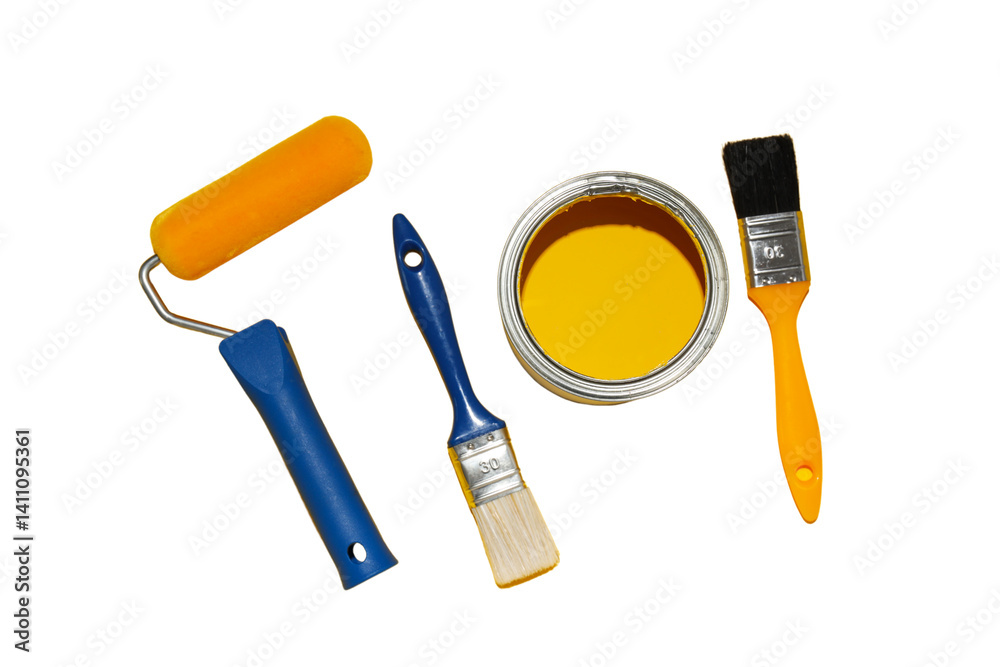 Painting tools: brushes and yellow paint isolated on white, PNG
