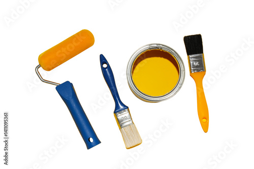 Obraz na płótnie Painting tools: brushes and yellow paint isolated on white, PNG w salonie