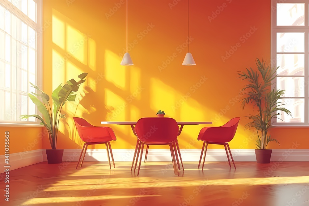 Fototapeta premium Modern Minimalist Living Room Design with Orange Walls and Natural Light