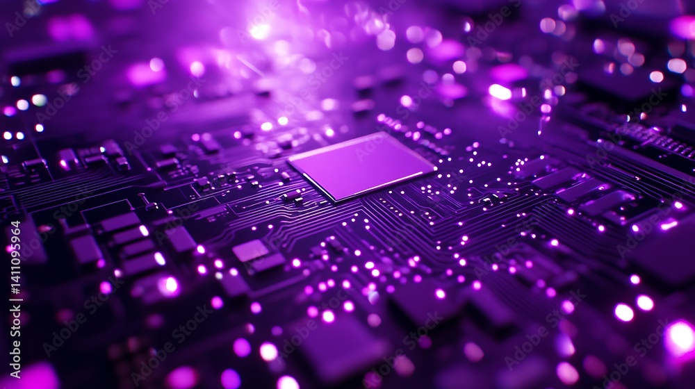 Obraz premium Circuit Board Close-up Glowing with Purple Lights