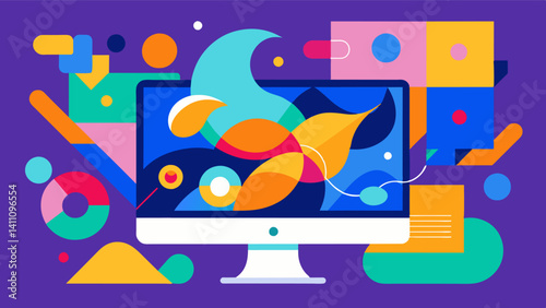 A series of vibrant abstract shapes come together on a computer screen as little hands manipulate digital tools.. Vector illustration