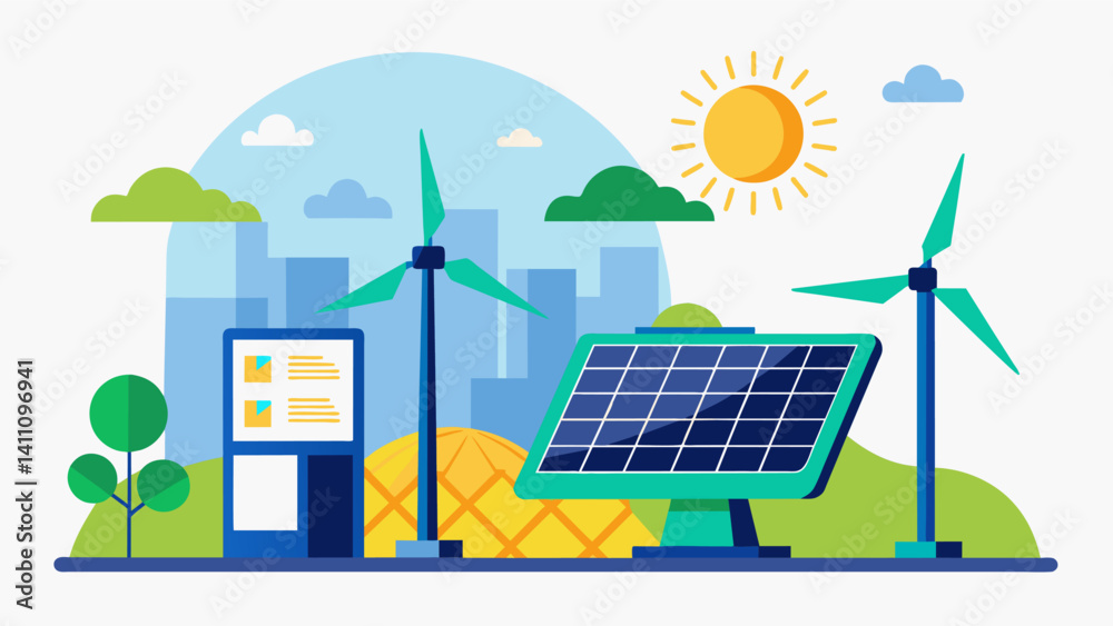 A renewable energy plant relies on digital twins of wind turbines and solar panels powered by live data to maximize energy output and minimize maintenance and repair costs.. Vector illustration