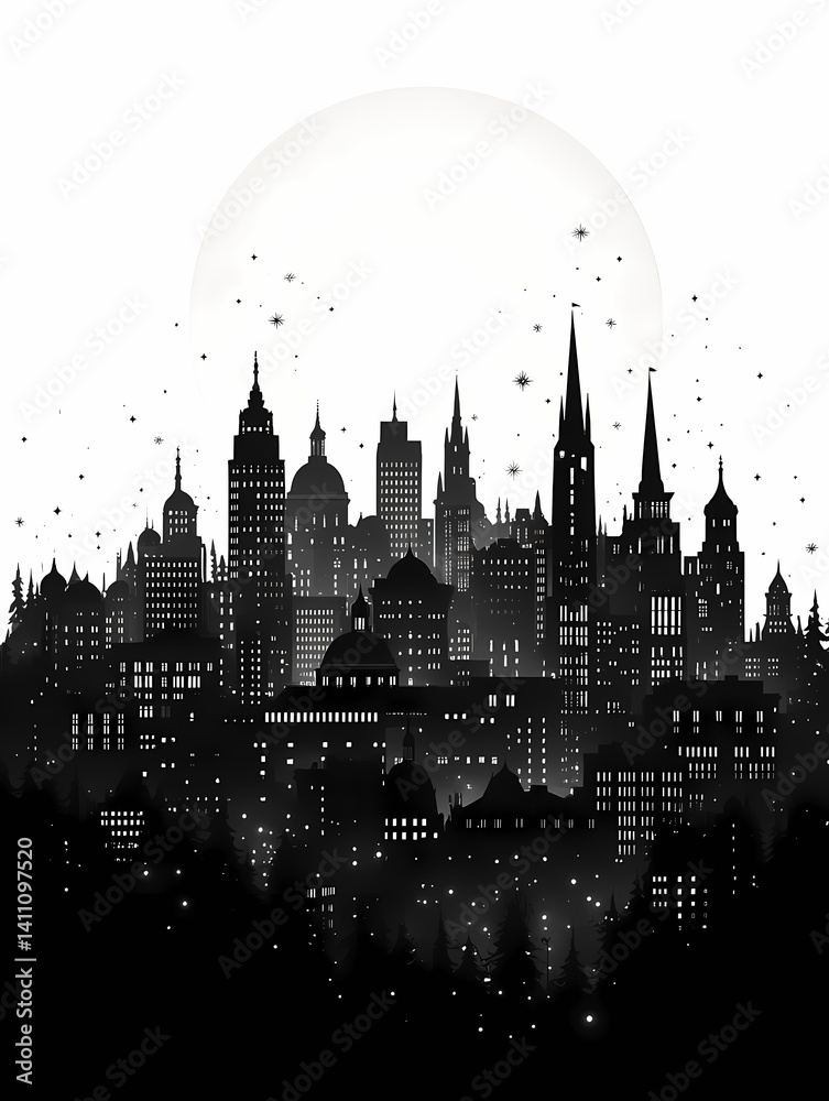 Obraz premium Urban Cityscape Silhouette. Nighttime Skyline with Moonlight in Mystical Architectural Illustration