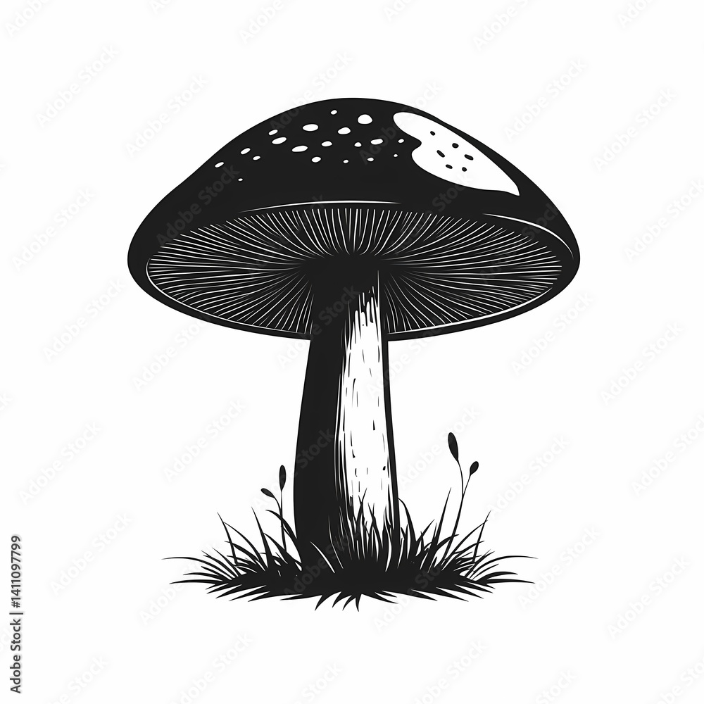 Black and White Botanical Mushroom Illustration. Artistic Fungi in Nature's Organic Majesty Black and White Botanical Mushroom Illustration. Artistic Fungi in Nature's Organic Majesty
