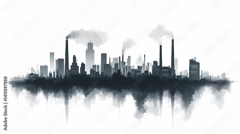 Naklejka premium Cityscape Silhouette. Industrial Smoke, Urban Pollution & Factory Skylines in Modern Digital Art