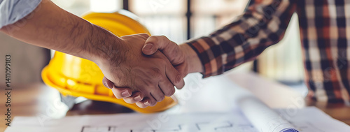 Close-up of a male construction worker shaking hands with an architect over blueprints on a table, with a yellow helmet in the background