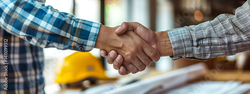Close-up of a male construction worker shaking hands with an architect over blueprints on a table, with a yellow helmet in the background.