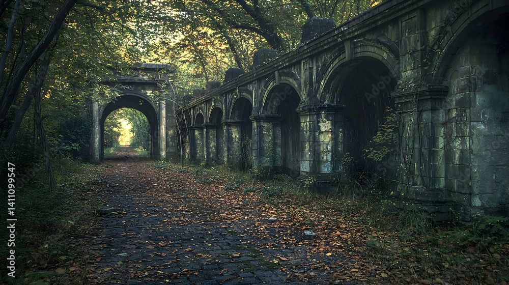 Obraz premium Ancient Stone Archway Tunnel Through Autumn Woods